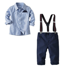 Load image into Gallery viewer, 2019 New Boys' Cotton Long-sleeved White Shirts+Black Bow +Suspenders Pants 3Pcs Gentleman Baby Clothing Set Boy Wear Wedding