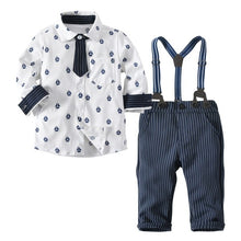 Load image into Gallery viewer, 2019 New Boys' Cotton Long-sleeved White Shirts+Black Bow +Suspenders Pants 3Pcs Gentleman Baby Clothing Set Boy Wear Wedding