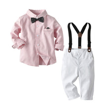 Load image into Gallery viewer, 2019 New Boys' Cotton Long-sleeved White Shirts+Black Bow +Suspenders Pants 3Pcs Gentleman Baby Clothing Set Boy Wear Wedding
