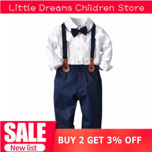 Load image into Gallery viewer, 2019 New Boys' Cotton Long-sleeved White Shirts+Black Bow +Suspenders Pants 3Pcs Gentleman Baby Clothing Set Boy Wear Wedding