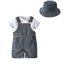 Load image into Gallery viewer, 2019 New Boys' Cotton Summer Clothing Set Short-sleeved 3pc Suit Baby Romper + Stripe Suspender Pants Baby Hats Summer Outfit