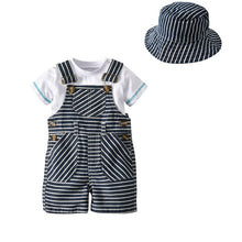 Load image into Gallery viewer, 2019 New Boys' Cotton Summer Clothing Set Short-sleeved 3pc Suit Baby Romper + Stripe Suspender Pants Baby Hats Summer Outfit
