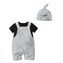 Load image into Gallery viewer, 2019 New Boys' Cotton Summer Clothing Set Short-sleeved 3pc Suit Baby Romper + Stripe Suspender Pants Baby Hats Summer Outfit