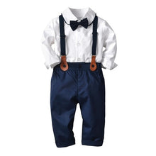 Load image into Gallery viewer, 2019 New Boys' Cotton Long-sleeved White Shirts+Black Bow +Suspenders Pants 3Pcs Gentleman Baby Clothing Set Boy Wear Wedding
