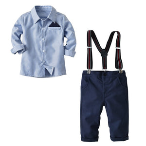 2019 New Boys' Cotton Long-sleeved White Shirts+Black Bow +Suspenders Pants 3Pcs Gentleman Baby Clothing Set Boy Wear Wedding