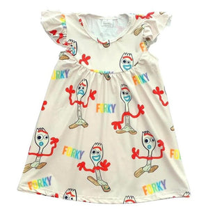 Brand new design baby girls' dresses pearl sleeve in cute forky prints kids wear clothing