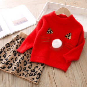 Keelorn Girls Dress Autumn Kids Girl Clothes Long Sleeve Sweater+Leopard Dress Casual 2PCS suits Student Girls' Clothing Sets