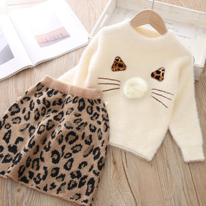 Keelorn Girls Dress Autumn Kids Girl Clothes Long Sleeve Sweater+Leopard Dress Casual 2PCS suits Student Girls' Clothing Sets