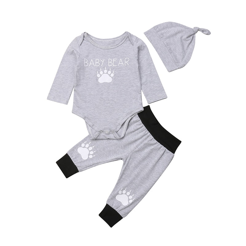 3Pc Toddler Baby Boys' Paw Long Sleeve Bodysuit Pants And Hat Outfit Set Winter Clothes