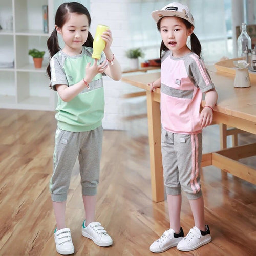 Girls' Sports Set 2018 New Summer Baby Girls Clothing Children's Short Sleeve Cotton Casual Two-piece Sportswear For Kids Suit