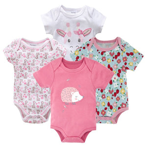 Honeyzone Baby Girl Clothing Set Summer Short Sleeve Baby Boys' Bodysuits 4Pcs Cotton Cute Cartoon Animals Printing