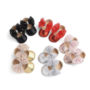 Baby Girl Bling PU Leather Shoes Kid Canvas Moccasins First Walkers Crown Bow Soft Soled Non-slip Footwear Crib Shoes