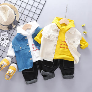 New Fall Baby Girl New Kit Boys' Autumn Long Sleeve Horse Armor Vest Long Hooded Shirt Pants Children Three Piece Clothing Suit