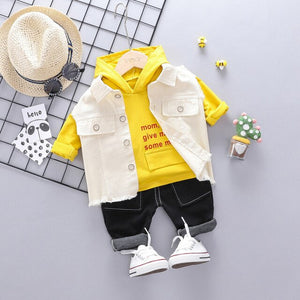 New Fall Baby Girl New Kit Boys' Autumn Long Sleeve Horse Armor Vest Long Hooded Shirt Pants Children Three Piece Clothing Suit