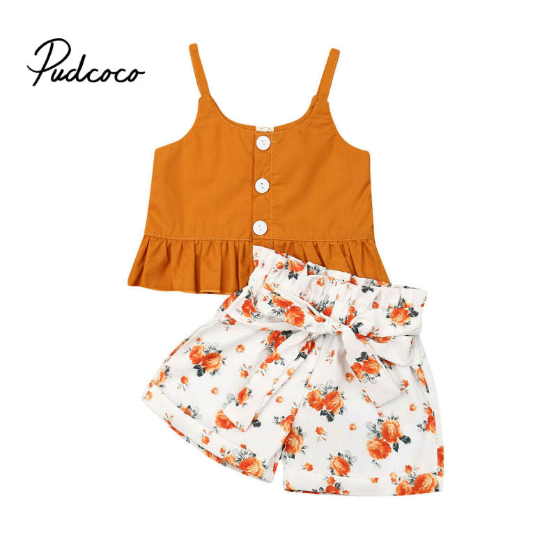 Summer Baby Girls Clothes 2019 Brand New Fine Strap Floral Bow-knot Belt Girls' Clothing Sets Tops+Shorts 6M-4Y 80-120