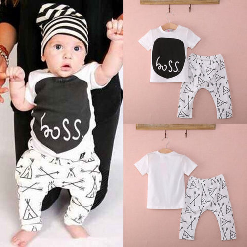 New Summer Boys' Clothing 0-24 Months Baby Toddler T-shirt Pants Casual Outfits Set Baby Boss Letter Printed Boys Clothes