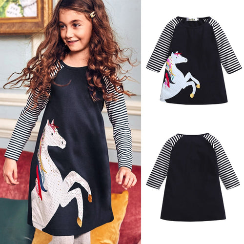 Girls' Navy Blue Pony Print Dress Abbigliamento Bambine Summer Girls Clothing Sets Conjuntos Nina Kids Clothes