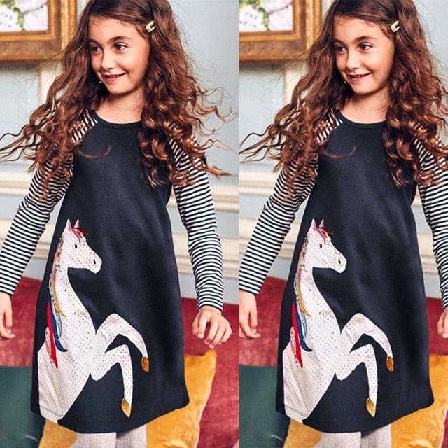 Girls' Navy Blue Pony Print Dress Abbigliamento Bambine Summer Girls Clothing Sets Conjuntos Nina Kids Clothes