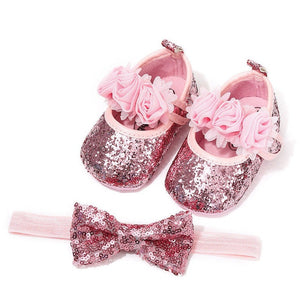 Bowknot Sequins Baby Girls Shoes Infant Newborn Princess Shoes First Walkers + Hairband Baby Girl Birthday Party Shoes