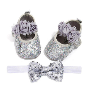 Bowknot Sequins Baby Girls Shoes Infant Newborn Princess Shoes First Walkers + Hairband Baby Girl Birthday Party Shoes